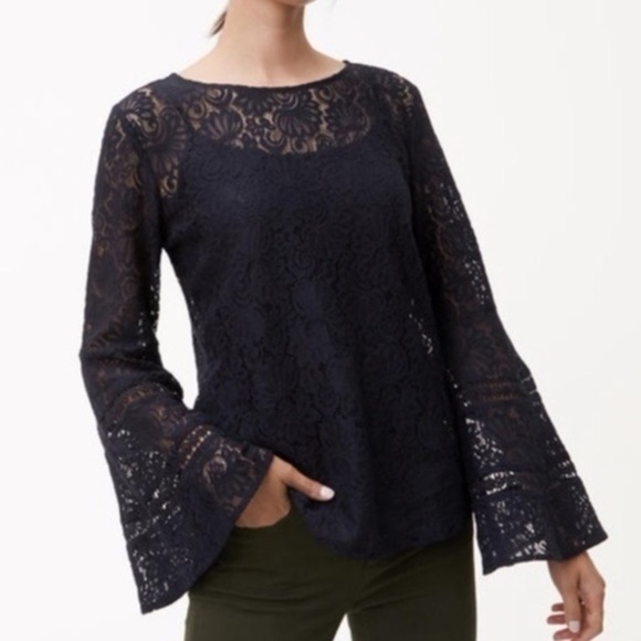 LOFT Navy Lace Bell Sleeve Long Sleeve Top - Picture 1 of 6